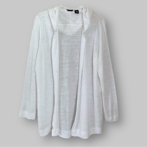 Tahari Linen Hooded Cardigan Sz 2X White Semi Sheer Coastal Resortwear Vacation - Picture 2 of 11